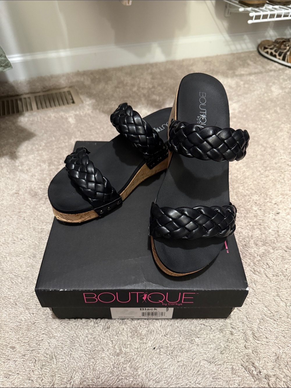 Corkys Black Braided Double-Strap Cork Wedge Sandals